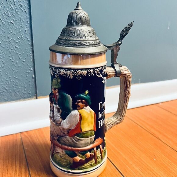 GERZ Beer Stein Pewter Lid Tavern Scene ”Frohbeim Bier Das Lieben Wir" V… - Picture 9 of 17